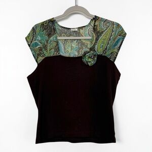 Banzai Green Paisley Yoke Top Women’s Size L Y2K Vintage Funky Flower Classic